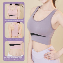 Women's mauve purple colorblock sports bra with wide elastic underbust band