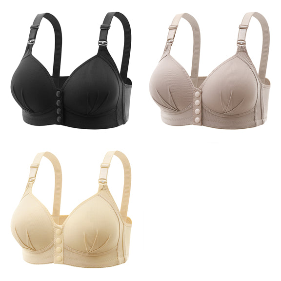 Women's front button closure wireless comfort bras in black, beige, and nude