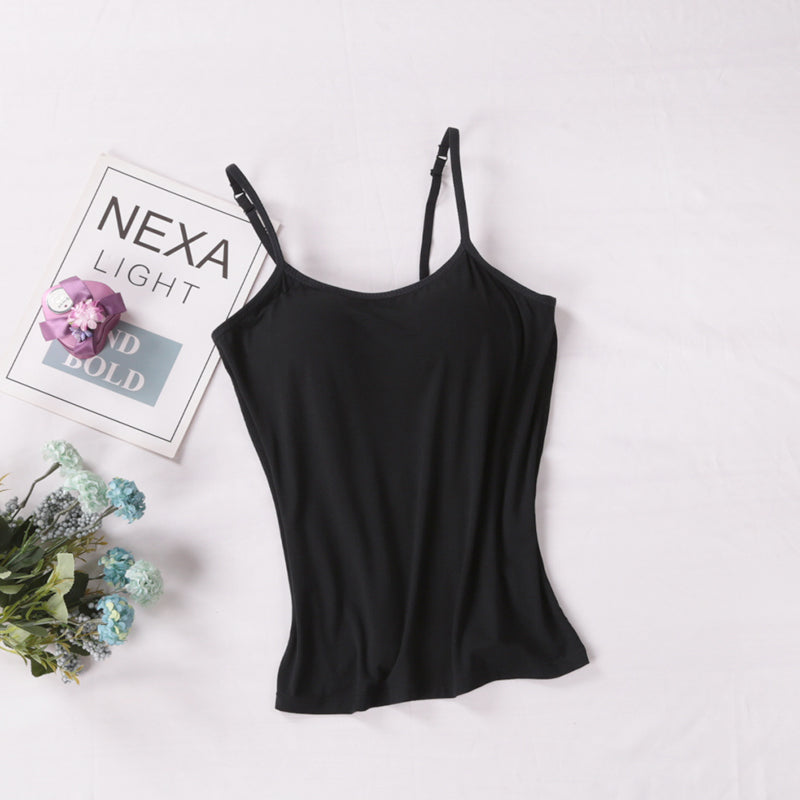 Women's beige nude seamless padded camisole tank top with thin adjustable straps