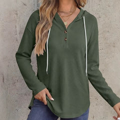 Womens V-neck Hooded Loose-fit Waffle-knit Hoodie