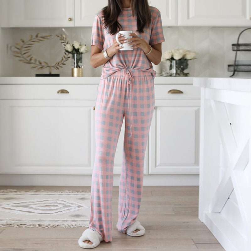 women wearing floral print two-piece pajama set in soft comfortable fabric