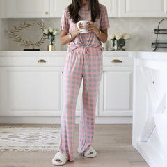 women wearing floral print two-piece pajama set in soft comfortable fabric