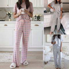 women wearing floral print two-piece pajama set in soft comfortable fabric