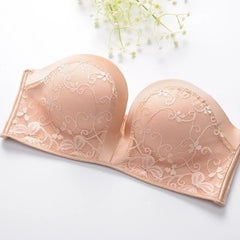 Comfortable push-up wireless bra in soft nude fabric showing wire-free lift and back smoothing support