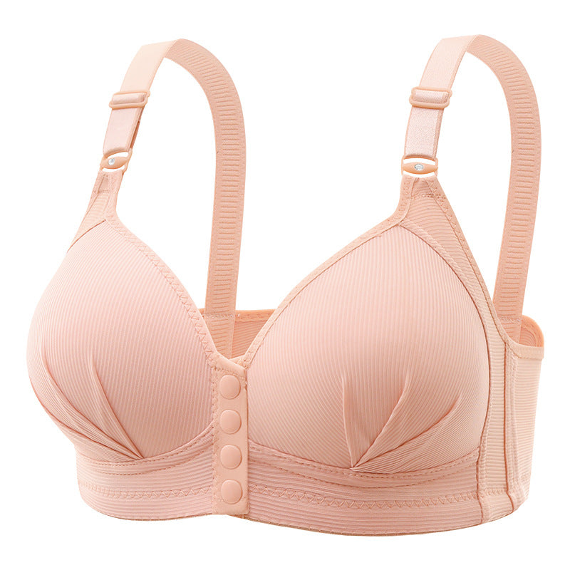 Women's front button closure wireless comfort bras in black, beige, and nude