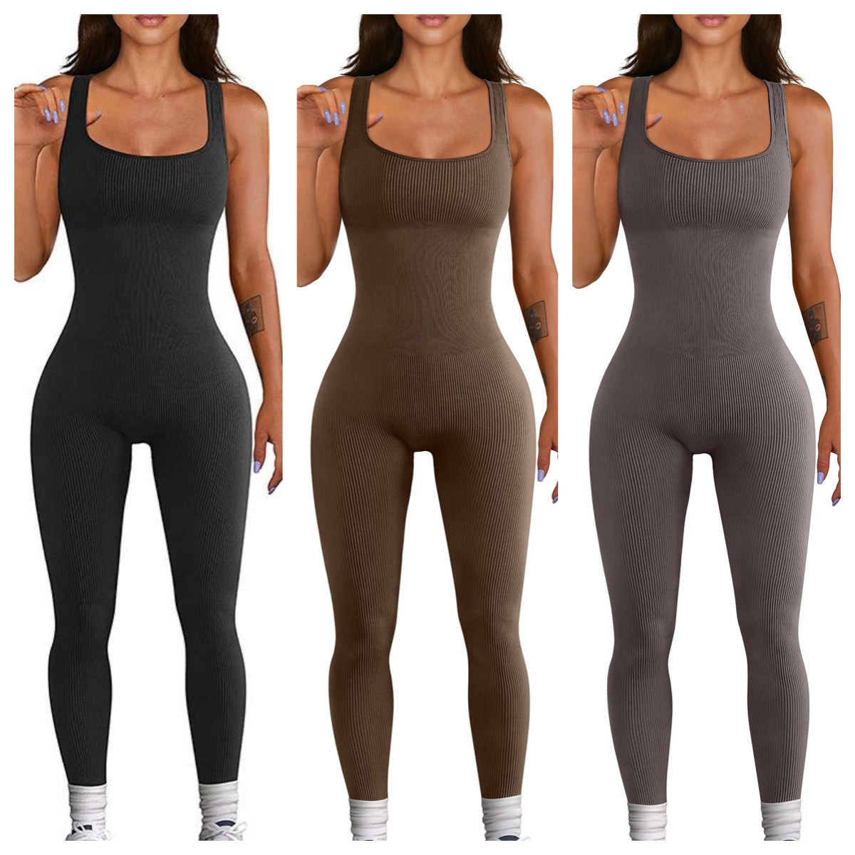 Women's ribbed sleeveless tank top one-piece jumpsuit bodysuit