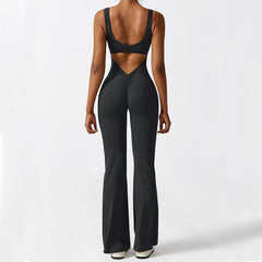 Women's sleeveless flare jumpsuit with wide-leg long pants for fitness and yoga