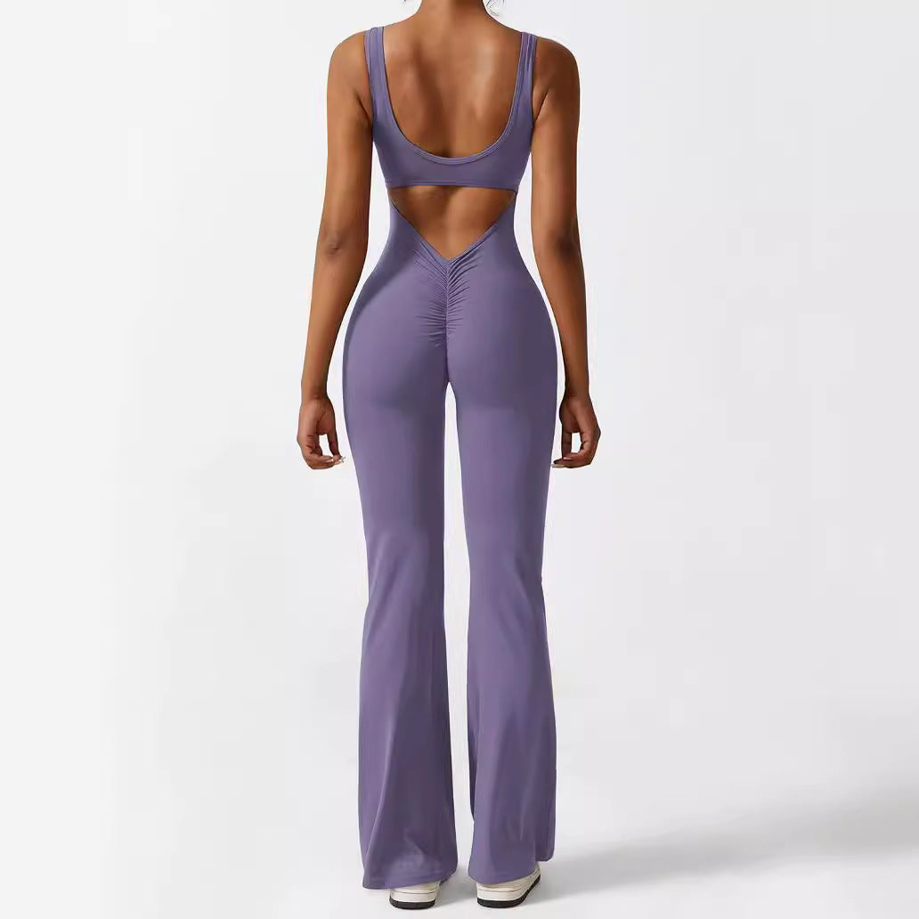 Women's sleeveless flare jumpsuit with wide-leg long pants for fitness and yoga