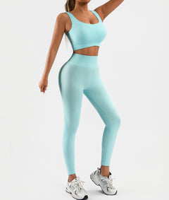 Women's Workout Outfits Ribbed Tank 2 Piece Seamless High Waist Gym Outfit Yoga Shorts Leggings Sets