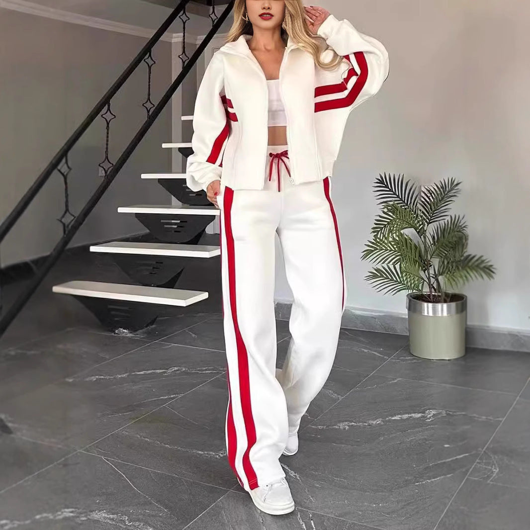 Women's white two-piece casual sportswear tracksuit set with loose shirt and pants