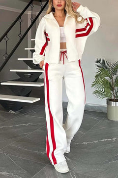 Women's white two-piece casual sportswear tracksuit set with loose shirt and pants