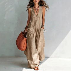 Women's solid color wide pocket sleeveless jumpsuit in a relaxed fit