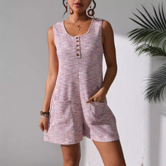women's casual button pocket vest jumpsuit with relaxed legs and functional pockets