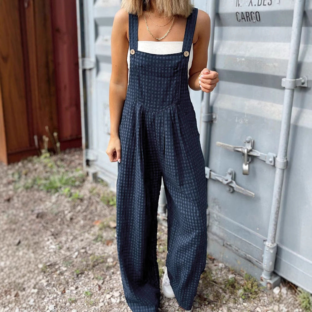 Model wearing a high-waisted casual straight-leg jumpsuit for women featuring a structured bodice and a flattering slim silhouette