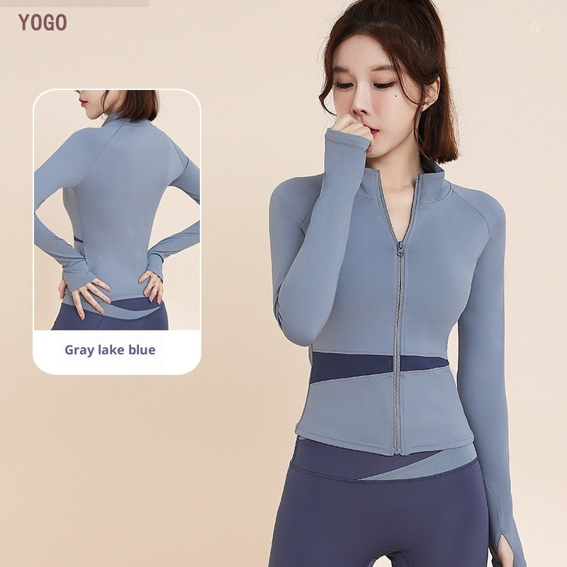 Women's 3-piece workout tracksuit set with zip jacket, sports bra, and yoga trousers