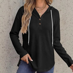 Womens V-neck Hooded Loose-fit Waffle-knit Hoodie
