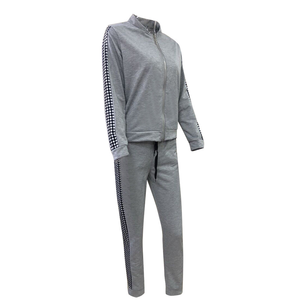 Women's 2-piece tracksuit set with zip-up jacket and houndstooth side stripe pants
