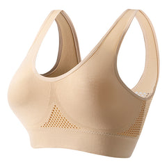 Women's push-up breathable sports bra in sweat-wicking athletic fabric with wireless bust support