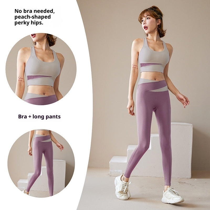 Women's 3-piece workout tracksuit set with zip jacket, sports bra, and yoga trousers