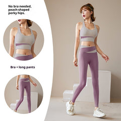 Women's 3-piece workout tracksuit set with zip jacket, sports bra, and yoga trousers