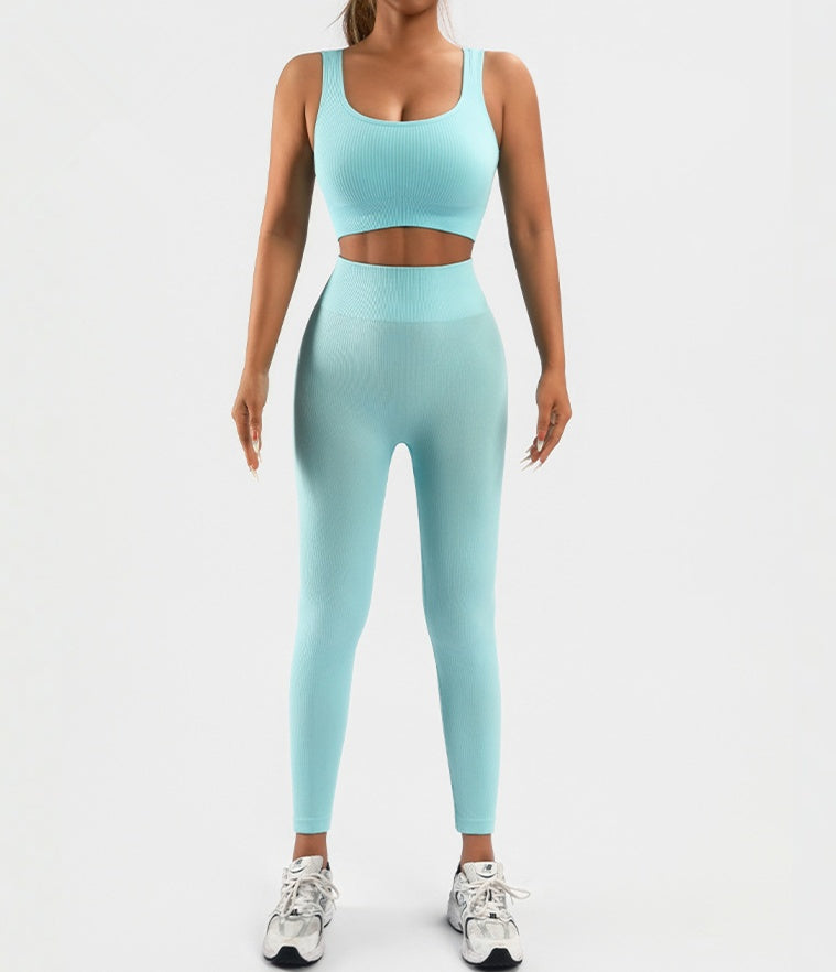 Women's Workout Outfits Ribbed Tank 2 Piece Seamless High Waist Gym Outfit Yoga Shorts Leggings Sets