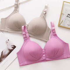 Women's front button closure wireless comfort bras in black, beige, and nude