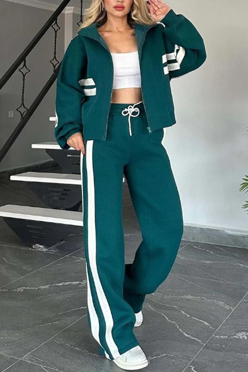 Women's white two-piece casual sportswear tracksuit set with loose shirt and pants