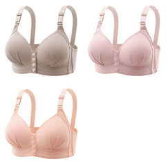Women's front button closure wireless comfort bras in black, beige, and nude