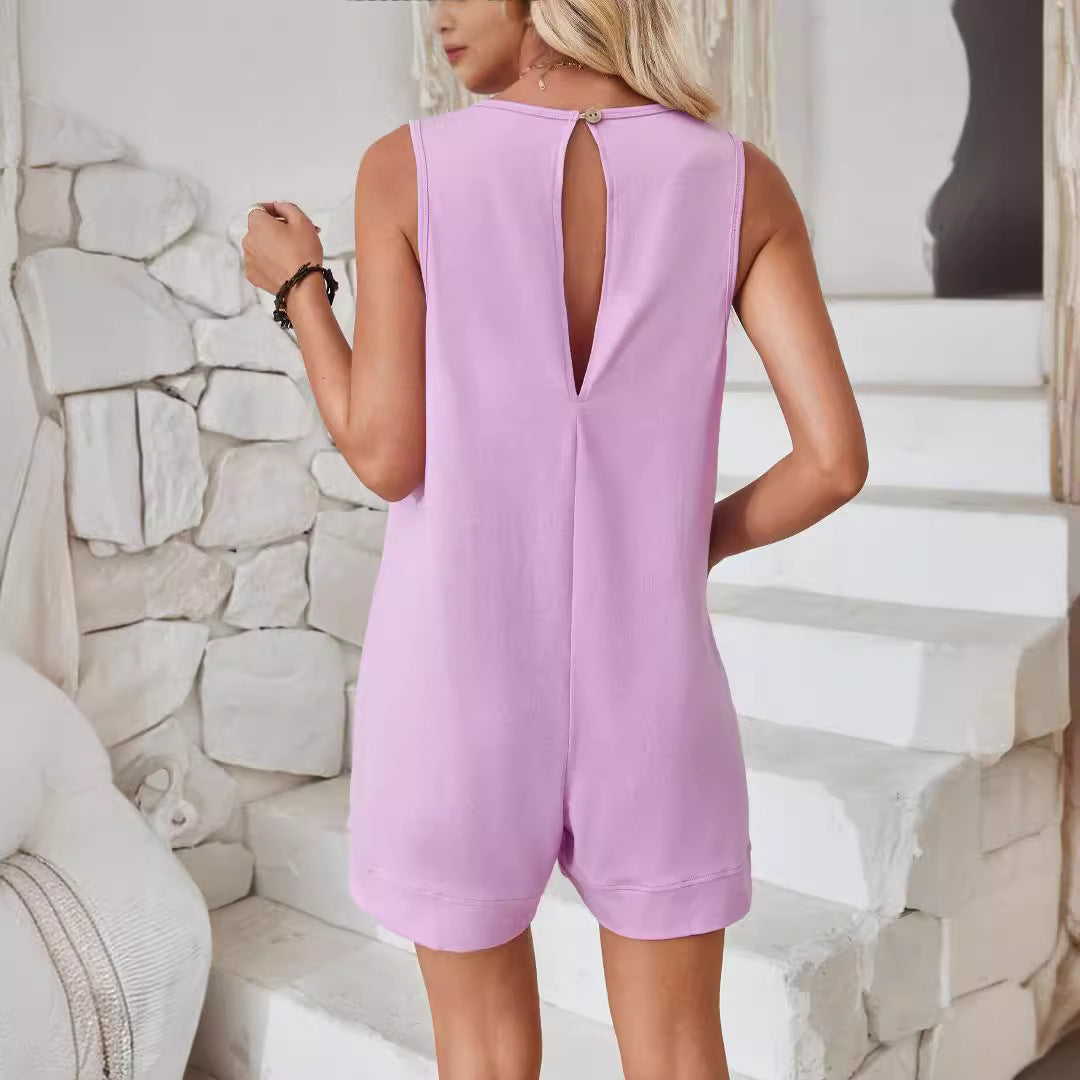 Women's sleeveless summer shorts jumpsuit with pockets for casual beach wear