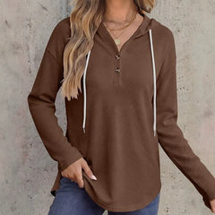 Womens V-neck Hooded Loose-fit Waffle-knit Hoodie