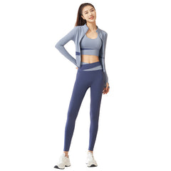 Women's 3-piece workout tracksuit set with zip jacket, sports bra, and yoga trousers