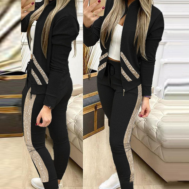 Women's 2-piece tracksuit set with zip-up jacket and houndstooth side stripe pants