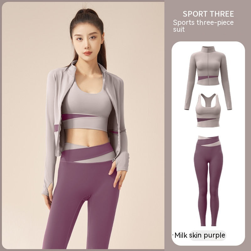 Women's 3-piece workout tracksuit set with zip jacket, sports bra, and yoga trousers