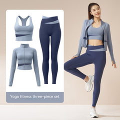 Women's 3-piece workout tracksuit set with zip jacket, sports bra, and yoga trousers