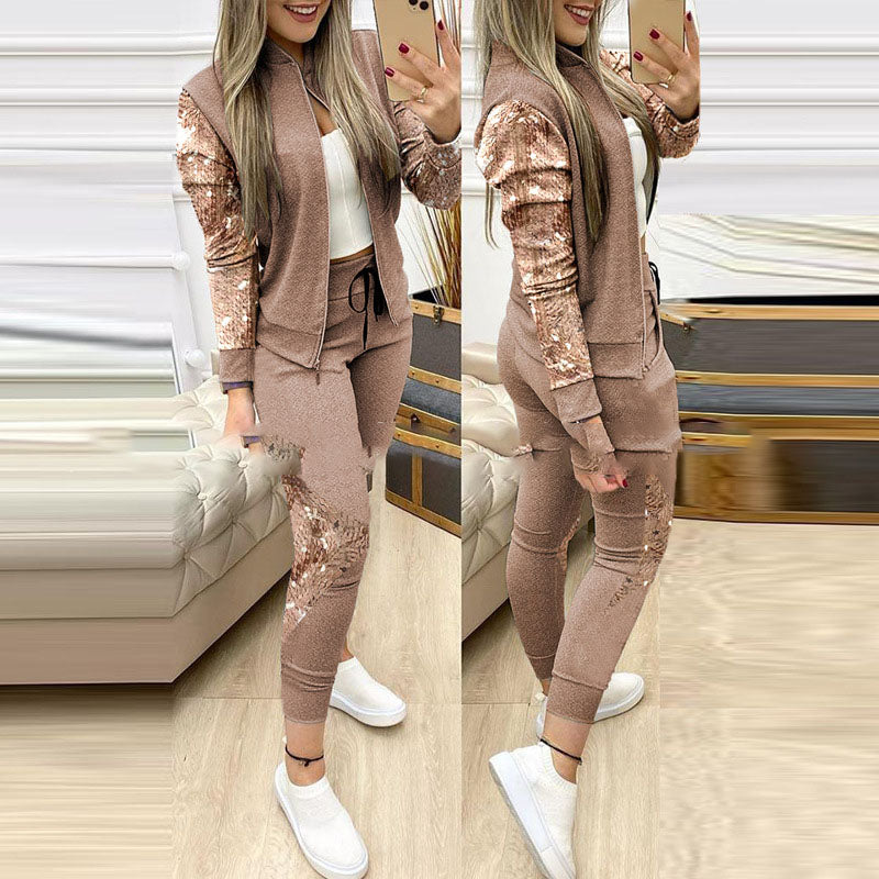 Women's 2-piece tracksuit set with zip-up jacket and houndstooth side stripe pants