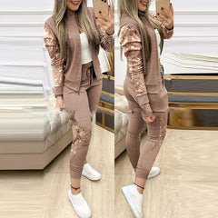Women's 2-piece tracksuit set with zip-up jacket and houndstooth side stripe pants