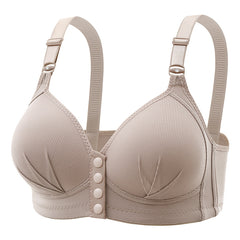 Women's front button closure wireless comfort bras in black, beige, and nude