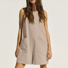 Women's sleeveless summer shorts jumpsuit with pockets for casual beach wear