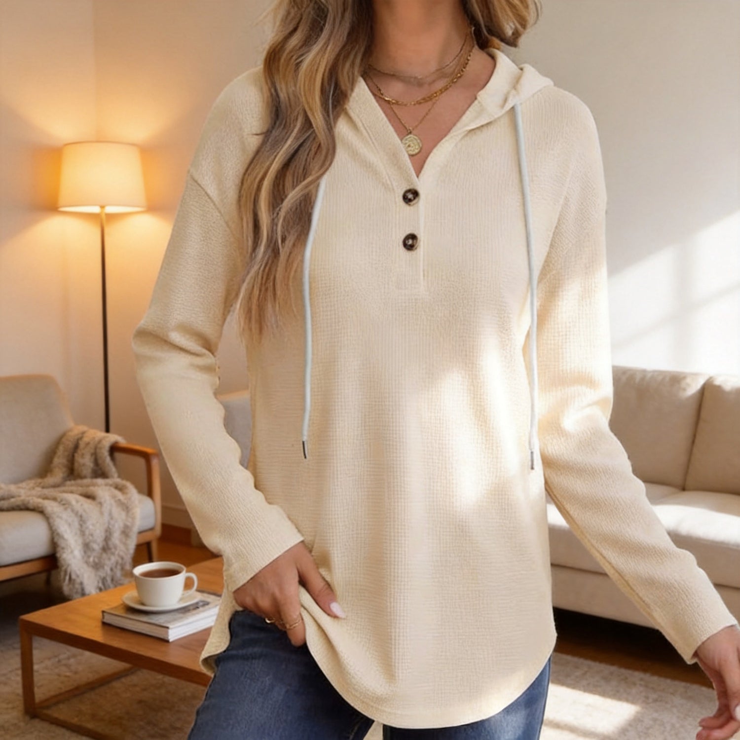 Womens V-neck Hooded Loose-fit Waffle-knit Hoodie