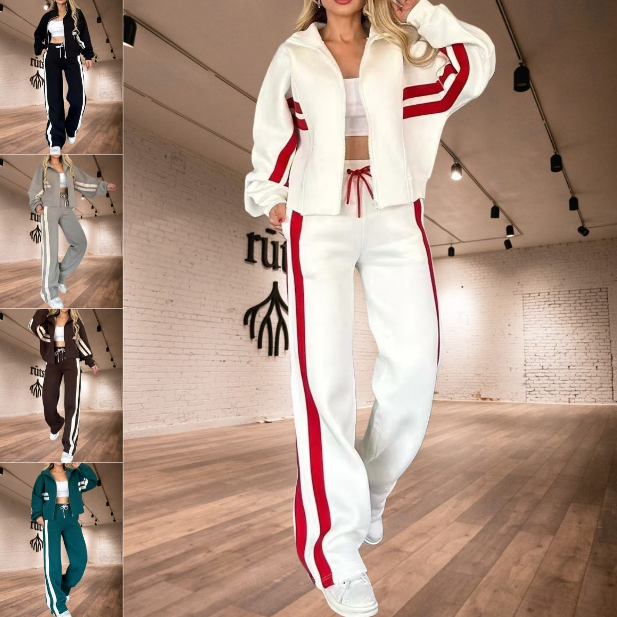Women's white two-piece casual sportswear tracksuit set with loose shirt and pants
