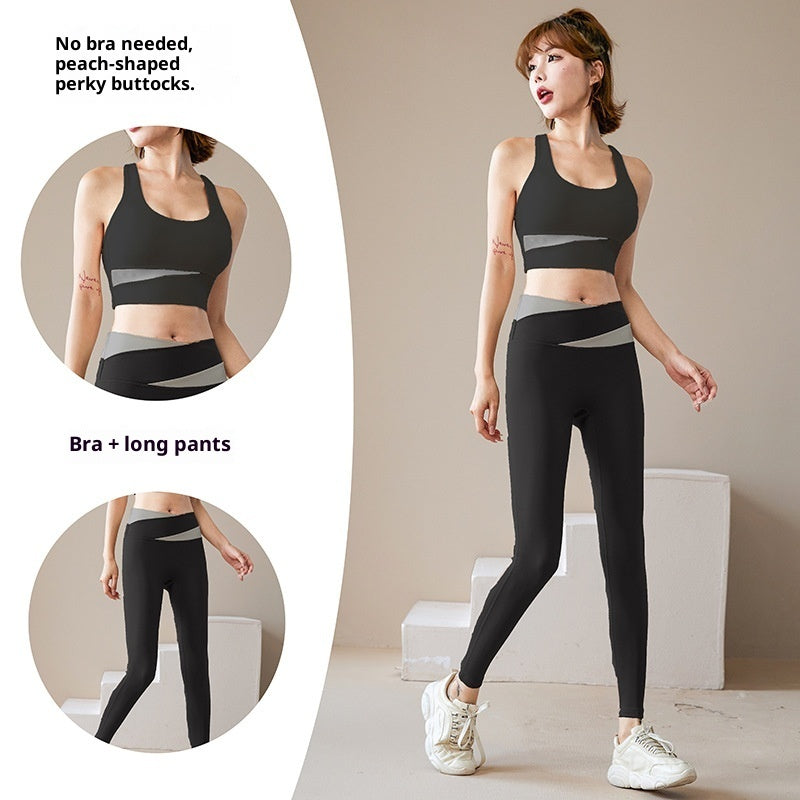 Women's 3-piece workout tracksuit set with zip jacket, sports bra, and yoga trousers