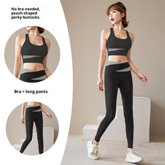 Women's 3-piece workout tracksuit set with zip jacket, sports bra, and yoga trousers