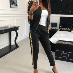 Women's 2-piece tracksuit set with zip-up jacket and houndstooth side stripe pants